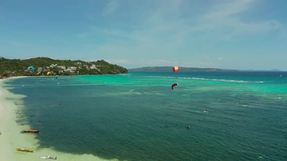 Kitesurfers on Bulabog Beach Boracay Island Philippines