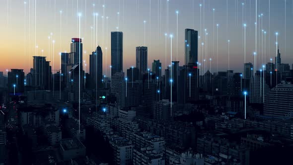 smart Connected city skyline. Futuristic network concept, city Technology.