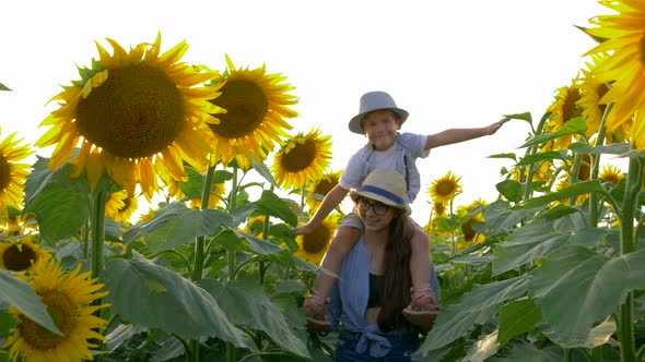 Childhood, Kid Raises Hands Imitating Flight on Sunflower Field Sitting on the Neck of the Sister in