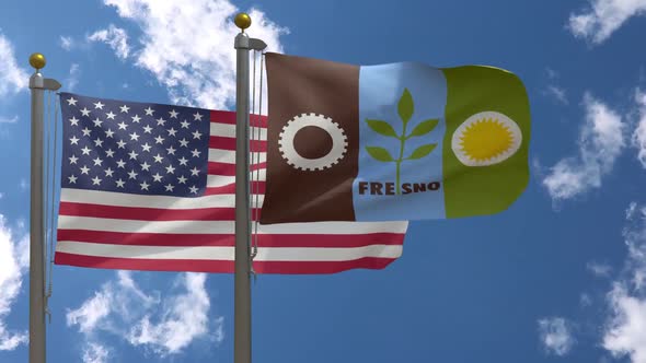 Usa Flag Vs Fresno City Flag California  On Flagpole