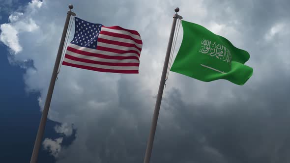 Waving Flags Of The United States And The Saudi Arabia 4K