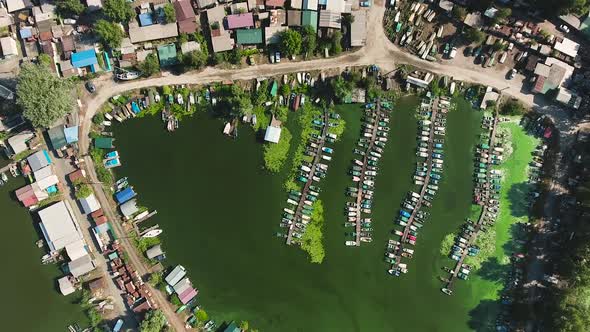 aerial top down of green algae in harbor water near fishermen village