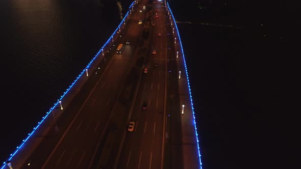 Aerial View of the Bridge in the Modern City Panoramic View of the Bridge with Illumination