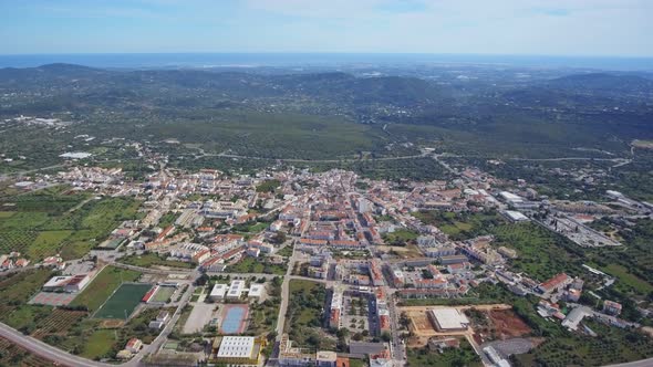 Aerial Overview of Urban Town Center of Sao Bras De Alportel in Algarve Portugal