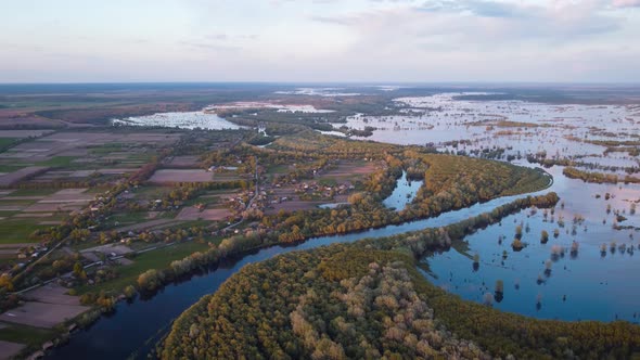 Small village near Desna river during Spring flood