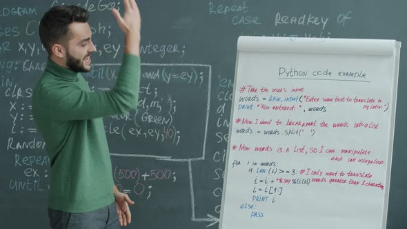 IT Specialist Teaching Coding Language During Webinar Pointing at Flipchart and Speaking Looking at