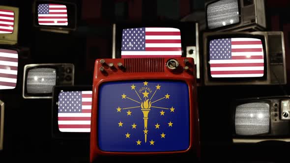 Flag of Indiana and US Flags on Retro TVs.