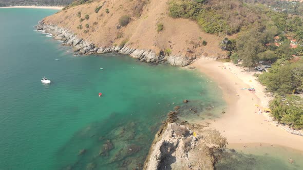 Paradisiac view of bay turquoise sea and sand beach, Phuket, Thailand