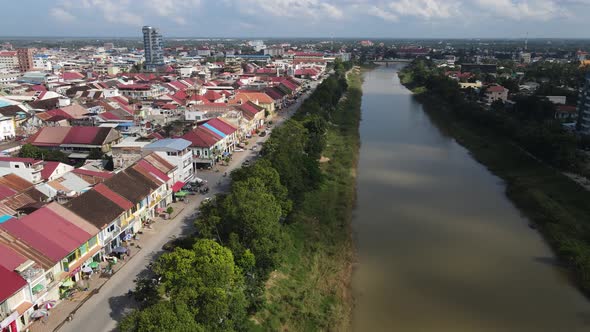 Aerial View of the old city center of Battambang, Cambodia.