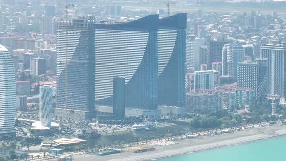 Batumi, Georgia - May 15 2022: Drone flies along new Batumi boulevard.