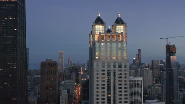 Cinematic Close Up Illuminated Historic Architecture Towers Chicago Background