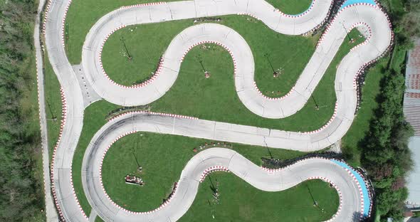 Aerial view of kart race track. Speedway kart field