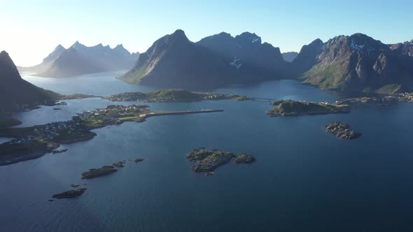 Flight Above sea and view on the fishing village Reine and Hamnoya ,Lofoten Islands,Norway