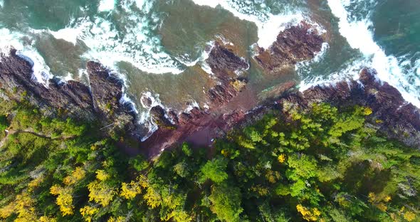 Aerial Looking Down at Rocky Lake Coast Next to Green Forest