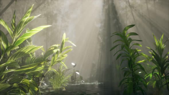 Sun Shining Through Trees and Fog in a Tropical River alt