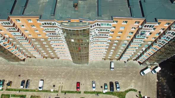 Facade of multi storey building. Aerial view of residential complex of modern construction