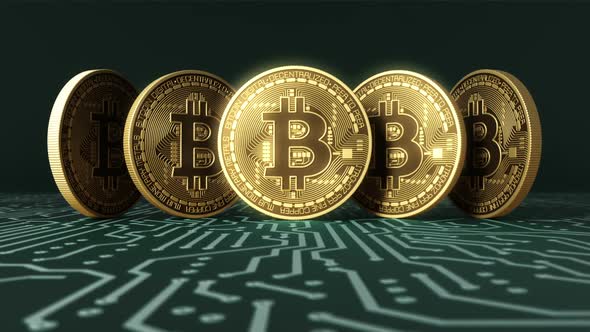 Appearance Of Five Virtual Coins Bitcoins On Blue Printed Circuit Board alt