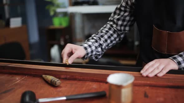 Working Process of Making Leather Belt in the Leather Workshop