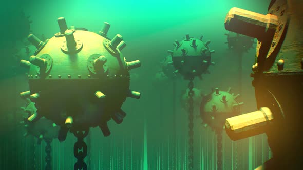 Naval underwater mines. Explosive bombs floating in the basin. Loopable. HD