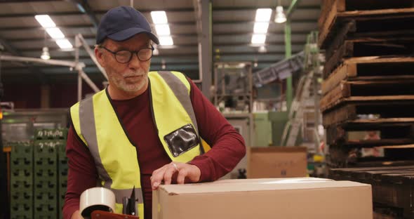 Worker packing box in warehouse