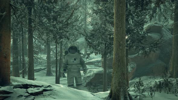 Astronaut Exploring Forest in Snow