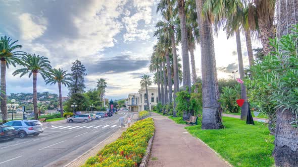 Evening View To Palms on the Center Street of BeaulieusurMer Timelapse Hyperlapse