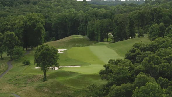 Aerial view of a golf course on a bright day