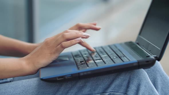 Business Woman College University Student Using Laptop Computer in City Street, Female Hands Typing