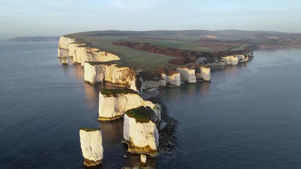 Old Harry Rocks cliffs in Dorset coast, England. Aerial panoramic view