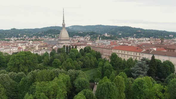 Aerial Dolly Left View Of Mole Antonelliana And Cityscape Turin, Italy