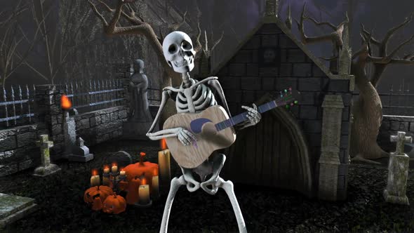 Skeleton playing guitar in a graveyard