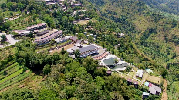 Famous resort and natural swimming pool in Umbul Sidomukti Java Indonesia aerial