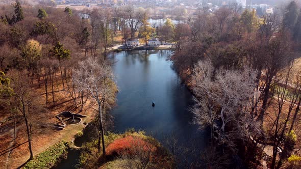 Arial Drone View Flight Over Lake in Park on Sunny Autumn Day