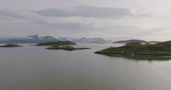 beautiful fly over of archipelago off the coast of Northern Norway.