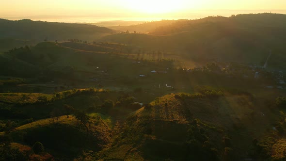 4K Aerial view of Mountains landscape with morning fog.