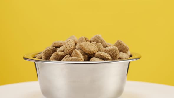 Dried Dog Food in Metal Bowl Closeup Rotating