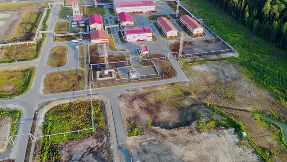 The Drone Flies Over Temporary Housing for Workers in Mobile Homes and an Administrative Base on the