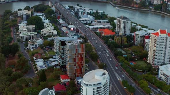 Fly Over Cars Driving Across The Story Bridge In Kangaroo Point, Brisbane, Queensland, Australia. Hy