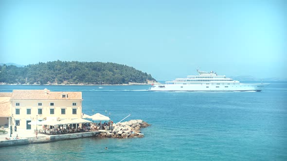 Greek Island Corfu And Ship. Kerkyra City Inspiration Travel Holiday Trip. Sea Breeze Summertime