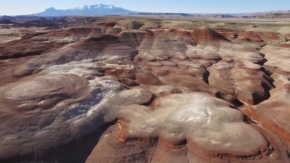 Aerial view over red desert viewing the Mars Desert Research Station