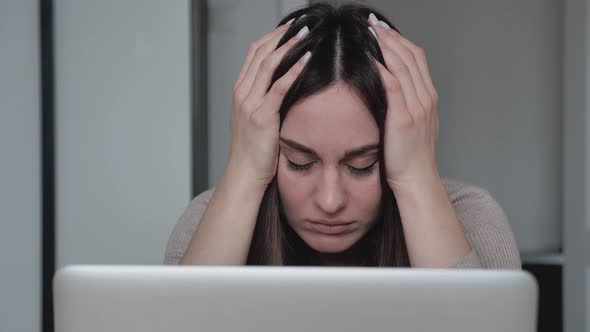 Frustrated Millennial Female Student Feel Stressed Look Computer Screen Worried Problem Read...