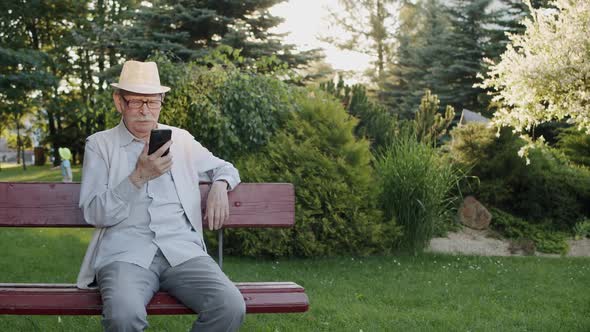 Elegant Senior Man Has Relax on Park Bench and Chats Thoughtfully on Web Camera