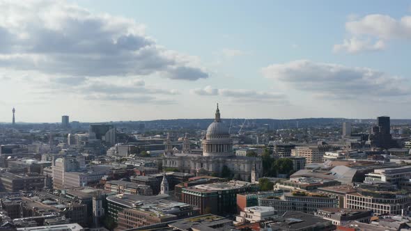 Slide and Pan Aerial View of Saint Pauls Cathedral in City Centre