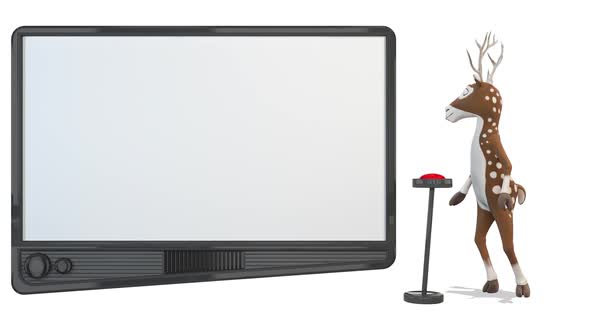 Deer Stands And Presents On The Screen on White Background