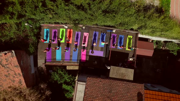 Aerial view of a group of people doing yoga on a terrace surrounded by trees.