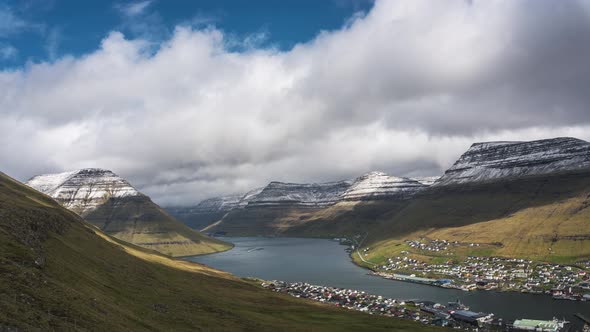 Timelapse of Clouds Moving Above Klaksvik and Nearby Mountains on Faroe Islands