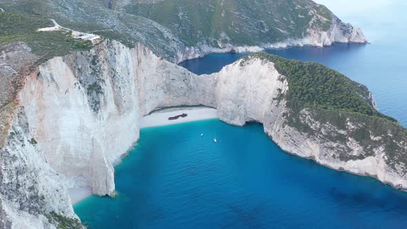 Aerial drone view of iconic beach of Navagio or Shipwreck