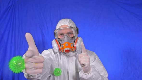 The Virus Fly To the Doctor in Air. Scientist Virologist in Respirator. Man Close Up Look, Wearing