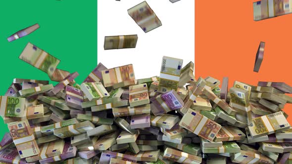 Euro Banknotes falling in front of flag of Ireland