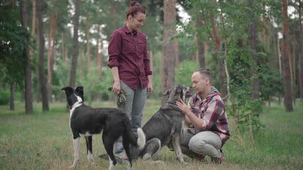 Confident Caucasian Woman Standing in Forest or Park As Positive Man Sitting on Hunkers and Talking